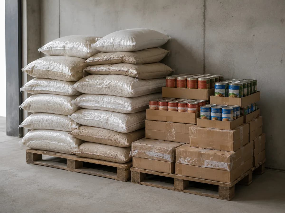 Sacks of flour and rice stacked on a pallet beside cases of tinned goods