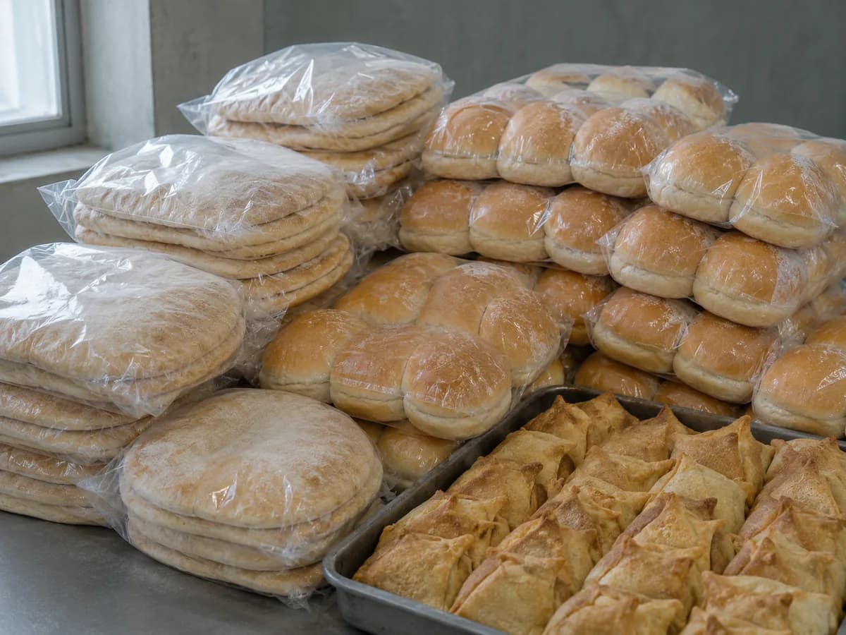 Stacked pitta breads, burger buns and trays of prepared samosas