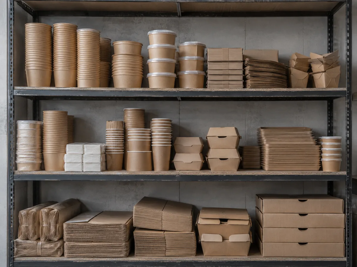 Warehouse shelving stacked with kraft takeaway containers and folded boxes