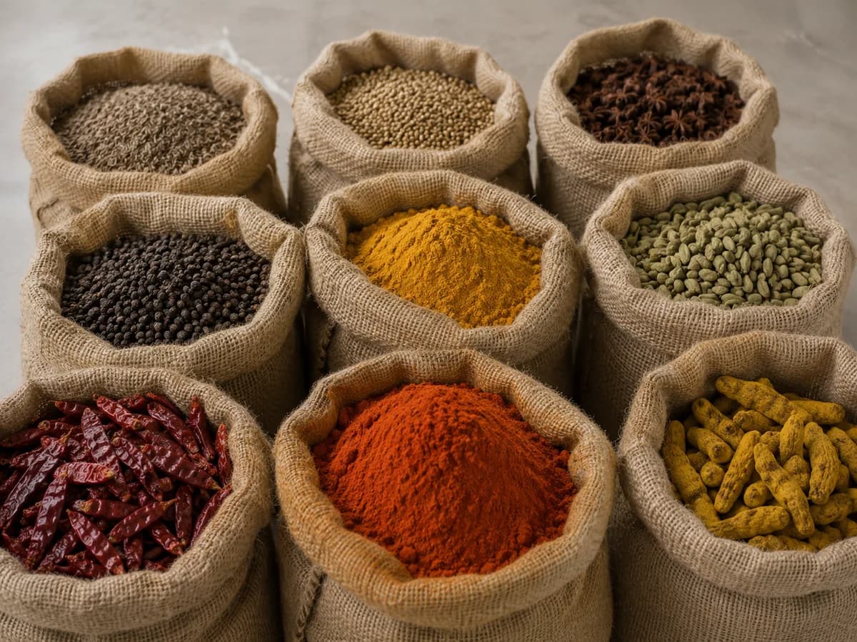 Open hessian sacks of whole and ground spices in reds, yellows and browns